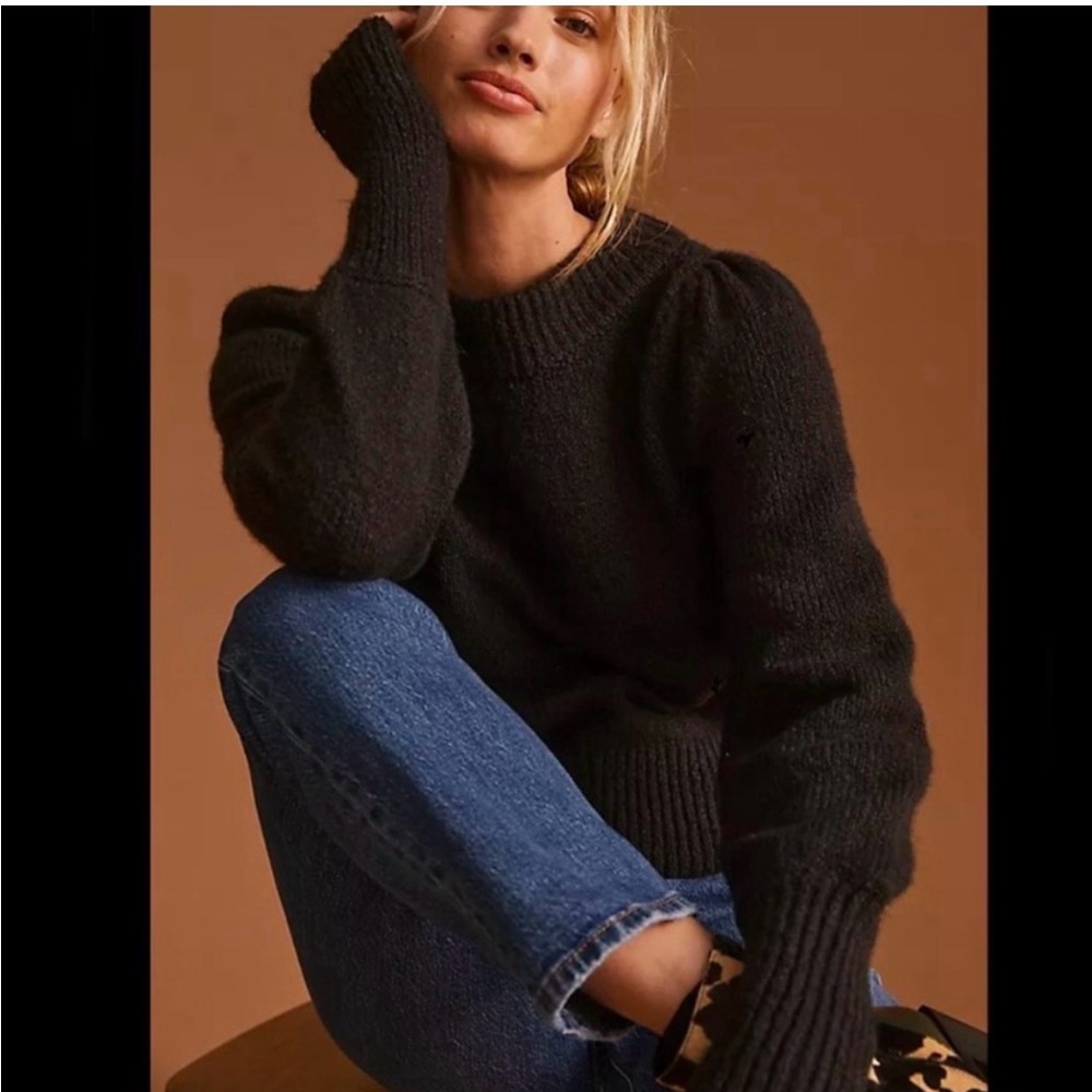 Maeve Black Puff-Sleeve Crewneck Sweater - Women